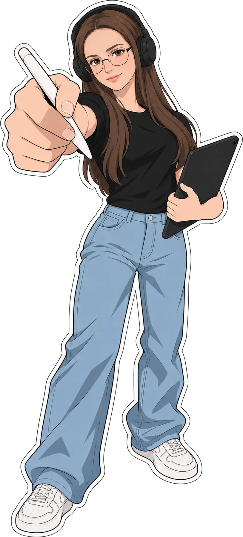 Illustrated portrait of Dasha pointing a stylus at the viewer