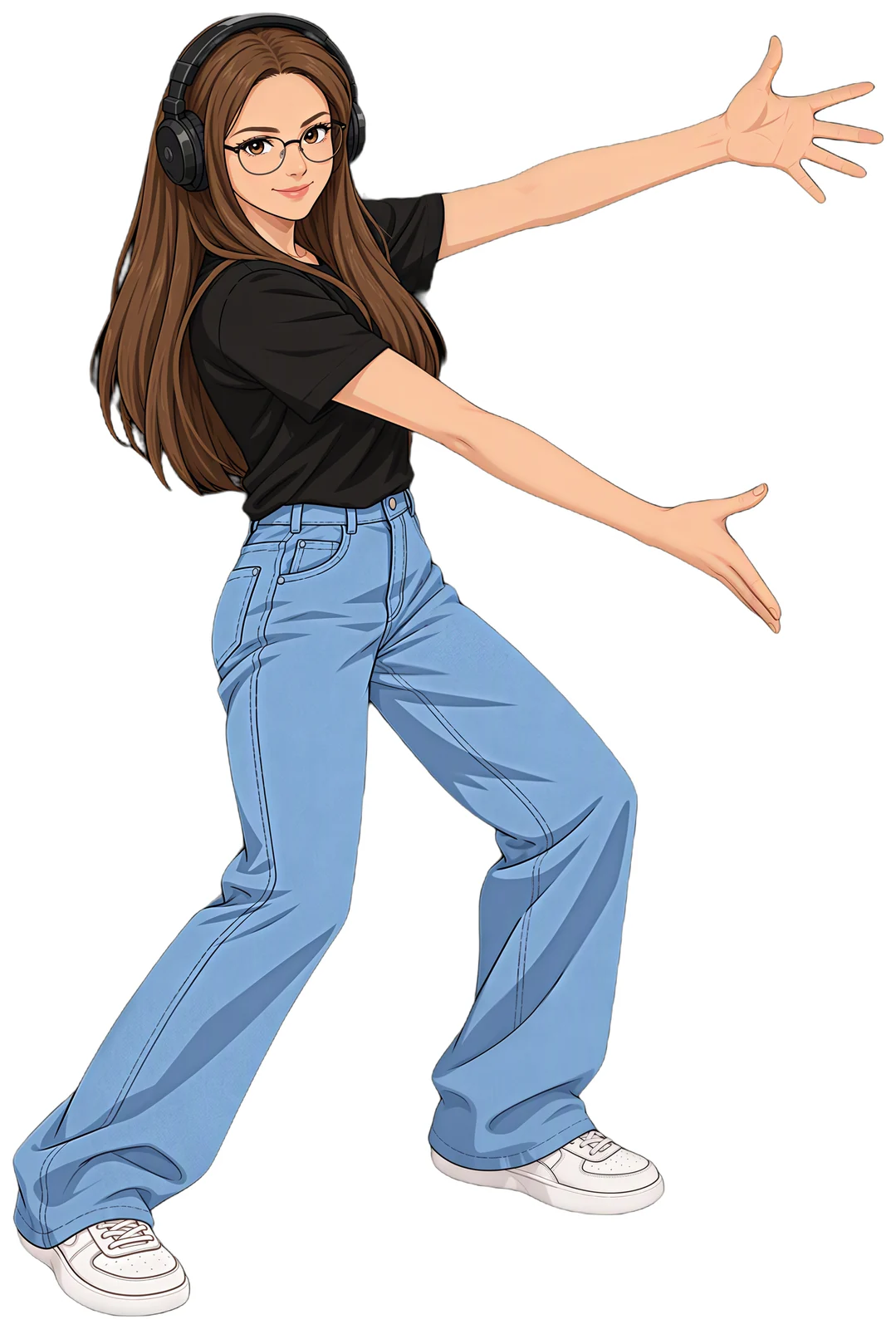 Illustrated Dasha with both arms out, presenting the steps beside her